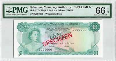 BAHAMAS $1 Dollars 1968, P-27s SPECIMEN, PMG 66 EPQ Gem UNC, Monetary Authority - Image 1 of 2