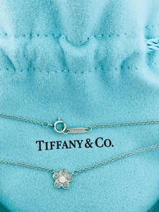 Tiffany&Co. Enchant Platinum Mini Flower Pendant Dimond/Aquamarines On 16" Chain - Picture 1 of 11