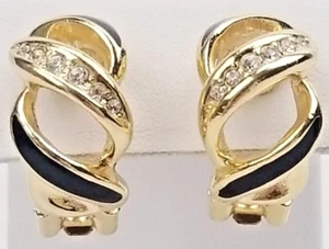 Vintage CHRISTIAN DIOR Crystal Enamel Gold Black Clip Rhinestone Earrings 1980s - Picture 1 of 12