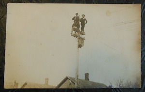 3 męskie stojak słupek telefoniczny - antyczny vintage velox niepodzielna prawdziwa pocztówka ze zdjęciem
