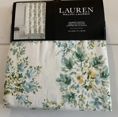 Cortina de Ducha Ralph Lauren 70 x 72 AZUL-CREMA-VERDE AMARILLO FLORAL 100% Algodón Foto 1 de 2