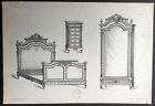 1875 Large Antique Lithograph Print Of French Bedroom Furniture Louis Xv Style