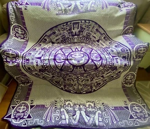 Woven AZTEC CALENDAR Design MEXICAN BLANKET decor wall hanging rug PURPLE 91x81 - Picture 1 of 6