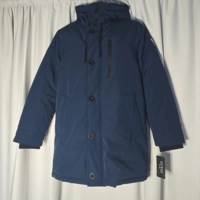 GUESS Heavyweight Men's Faux Fur Hood Parka Jacket Size M Turquoise Blue NWT  - Image 1 of 4