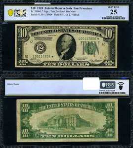 FR. 2000 L* $10 1928 Federal Reserve Note San Francisco L-* Block PCGS VF25 Star - Picture 1 of 3