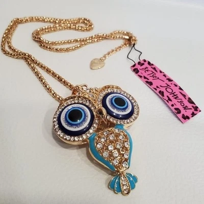 NUEVO CON ETIQUETAS Collar Betsey Johnson Plata Estrás Evil Big Eyes Búho Foto 1 de 4