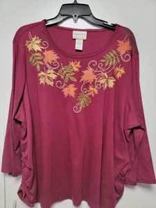 Alfred Dunner Top, Women/Plus, 2X, Burgundy, 3/4 Sleeves, w/Embroidered Leaves - Picture 1 of 6