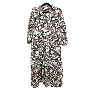 Cynthia Rowley XL Brown Floral Maxi Dress Popover Cotton Pockets Tiered - Picture 1 of 10