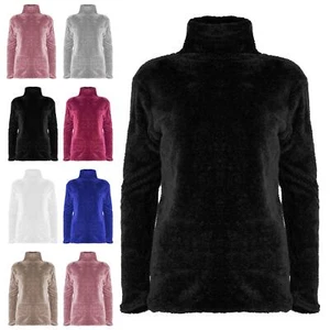 Womens Ladies Turtle Cowl Neck Fluffy Faux Fur Long Sleeve Baggy Fleece Jumper - Picture 1 of 22