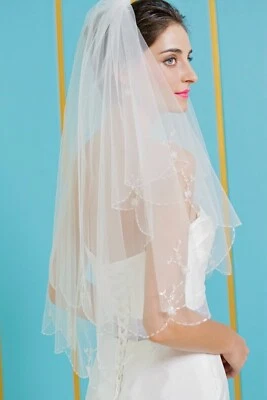 HBH Brautmoden 2-Schicht Brautschleier,Softtüll,mit Perlen bestickt,Kamm, Ivory - Bild 1 von 4