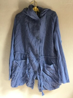 Flax Linen Hoodie Boardwalk Jacket Medium Button Drawstring Pockets Blue New - Image 1 of 4