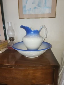 Wellsville China Blue & White Wash Bowl and Pitcher - Picture 1 of 10