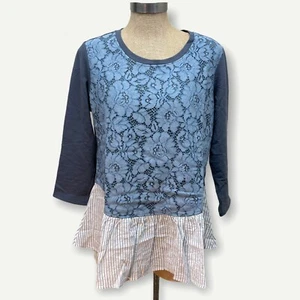 LOGO Lounge Lori Goldstein Knit Top w/Lace Front & Woven Bottom Twilight Grey M - Picture 1 of 3