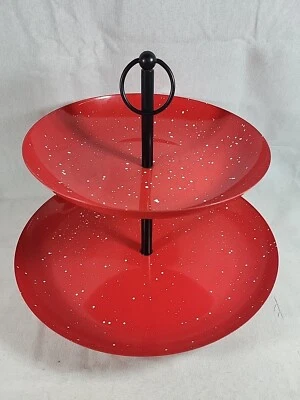 Holiday Time 2 Tiered Serveware Red Enamel Tray 12.5" Diameter X 10.2" Tall - Image 1 of 4