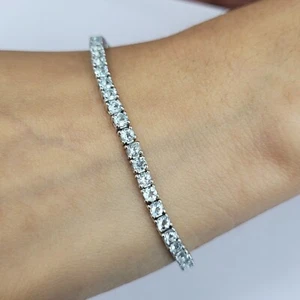 Natural Aquamarine 4mm Round Bracelet 925 Sterling Silver Tennis Bracelet Gift - Picture 1 of 12
