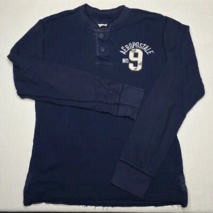 Aéropostale Mens Shirt sz L Blue Long Sleeve Crew Neck Henley Logo Waffle - Picture 1 of 18