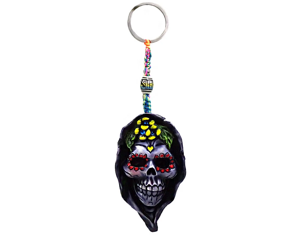 Death Floral Sugar Skull Handmade 3D Keychain Macrame Metal Keyring Car Bag  - Image 1 of 1