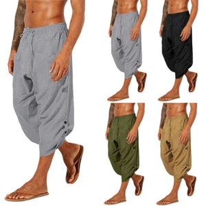 Mens Cotton Linen 3/4 Harem Pants Casual Baggy Loose Yoga Hippie Beach Trousers - Picture 1 of 18