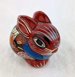Hand Painted Redware Pottery Rabbit Bunny Storytelling Colorful Figurine - Picture 1 of 13