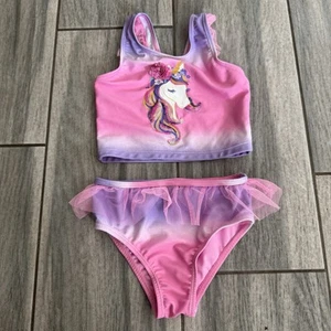 Girls Cynthia Rowley Pink Unicorn 2 Piece Swimsuit Size 5 Ruffles Tutu Swimwear - Picture 1 of 11