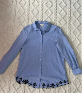 H&M Baby Blue Embroidered Blouse With Black Tassels. Size 8 - Picture 1 of 4