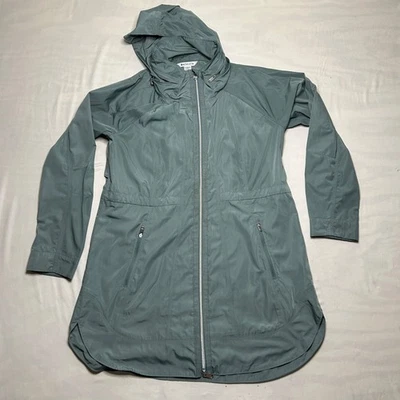Jaqueta de chuva Athleta Drip Drop feminina M verde-azulada zíper completo ventilada capuz embalável - Imagem 1 de 4
