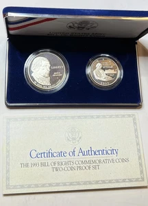 1993 S Bill of Rights 2 Coin Silver Dollar & Silver Half Dollar Proof Set COA - Picture 1 of 1