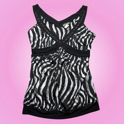 Camiseta sin mangas Y2K J.T.B estampado de cebra con cuentas cuello en V atado trasero Foto 1 de 4