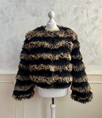 CAMEO ROSE Black Brown Faux Fur Chunky Boxy Fit Boho Cardigan Jacket 12 - Image 1 of 4