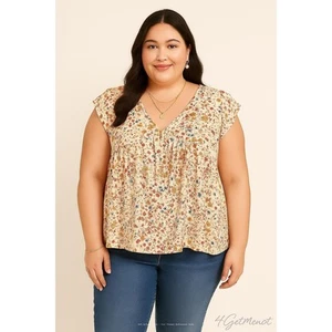 Floral Boho Ruffle Sleeve Blouse 2XL V-Neck Lightweight Casual Top Women - Picture 1 of 6