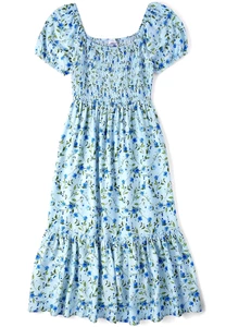 NUEVO CON ETIQUETAS VESTIDO FLORAL AZUL THE CHILDREN'S PLACE MANGA CORTA ESCALONADO DEBAJO DE LA RODILLA GRANDE - Imagen 1 de 3