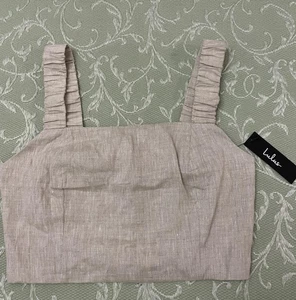 Crop top donna Lulus lino piccolo beige collo quadrato spalline increspate IBH24041 - Foto 1 di 15