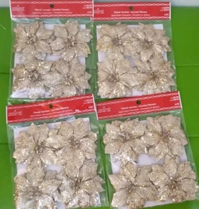 Ashland Christmas Floral Gold Glitter Accent Poinsettias 4 Packs Of (4) - Picture 1 of 4