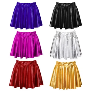 Kids Girls Metallic Shiny Flared Pleated Mini Skater Skirt Ballet Jazz Dancewear - Picture 1 of 31