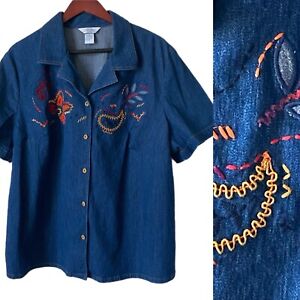 NAPA VALLEY Shirt Top Vintage Denim Embroidered Textured Short Sleeve Sz 1X