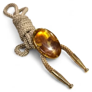 Japanese Bolo Tie Necklace Jewelry Cowboy Amber Brownish Yellow Resin Oval B30 - Picture 1 of 11