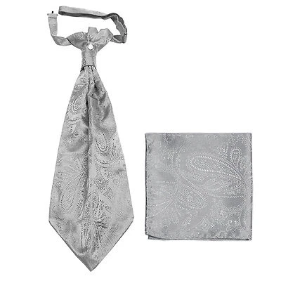 New men's polyester ASCOT cravat neck tie & hankie set Silver Paisley wedding - Image 1 of 2