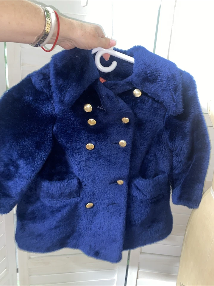 复古 Dyersburg 织物女孩海军蓝双排扣豌豆大衣衬里尺寸 4-6 — 第 1/4 张图片