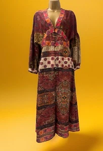 ZARA Dress Midi Patchwork Long Floral Print Small Boho Red Kaftan Tunic B71 - Picture 1 of 14