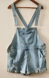 Unbranded Womens size 2XL Light Blue Jean Bib Distressed Overalls Shortalls - Picture 1 of 5