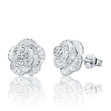 Women Cherry blossoms Lady Elegant Crystal 925 Sterling Silver Ear Stud Earrings