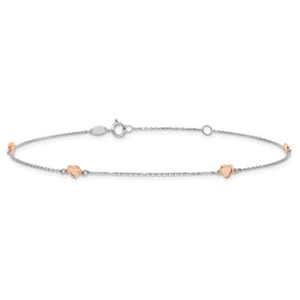 14K Solid Two Tone Gold Heart Anklet Bracelet - Picture 1 of 3