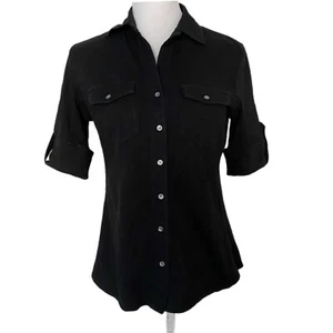 Camisa Sandra Ingrish Tejida Negra Cuello Abotonada 100% Algodón Pequeña Pequeña Pequeña - Imagen 1 de 5