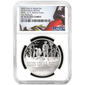 2018-W Proof World War I Centennial U.S. Marines Silver Medal NGC PF70UC FR F... - Picture 1 of 2