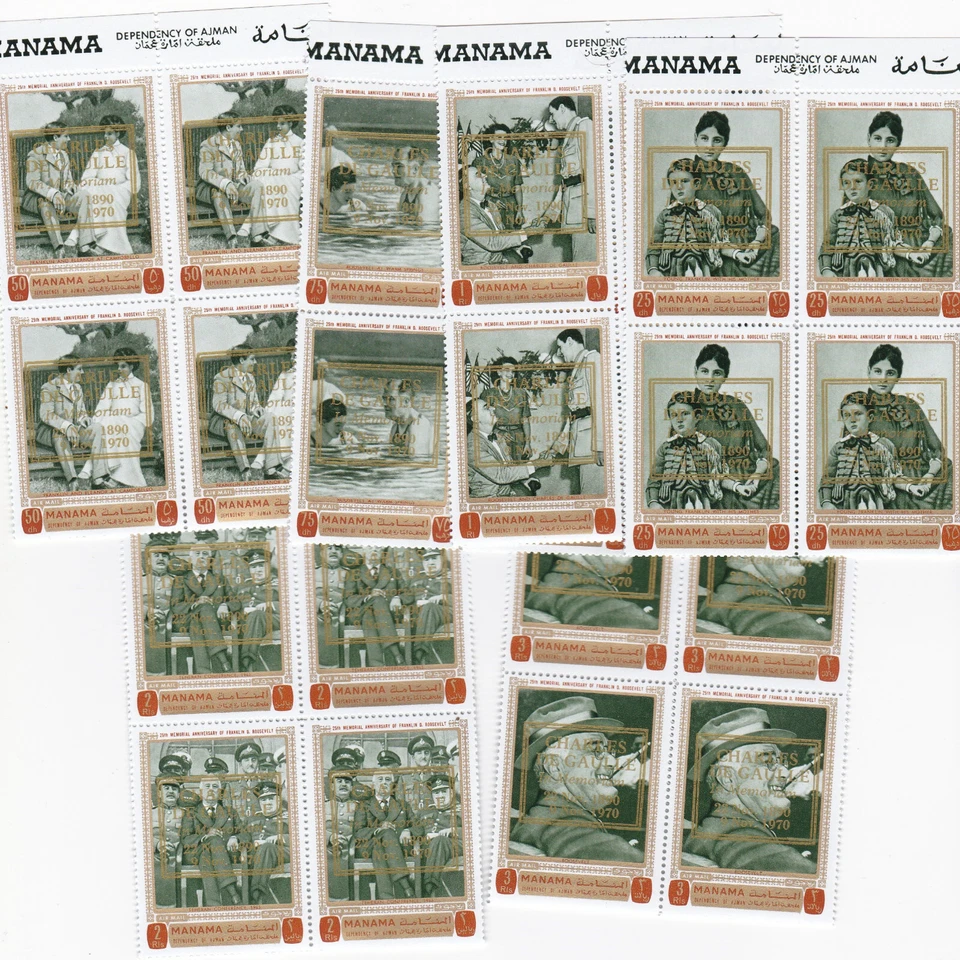 MANAMA -1971-DE GAULLE-ROOSEVELT-6 blocs x4 timbres neufs dentelés surchargés OR - Photo 1/1