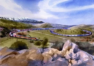Tehachapi Loop, California. Union Pacific Zug. James Mann Aquarelldrucke - Bild 1 von 2