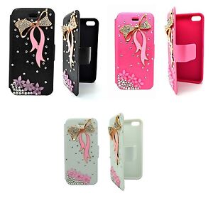 CASE FOR APPLE IPHONE 5/5S CLEAR RHINESTONE BOW TIE PINK FLOWER WALLET COVER