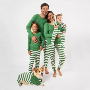 Leveret Two Piece Cotton Christmas Pajamas Striped Green and Solid Top 12 - Picture 1 of 5