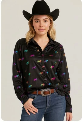 NUEVO CON ETIQUETAS Blusa Wrangler Snap Frontal Satén Negra Arco Iris Caballos Grande Vaquero Occidental Foto 1 de 4