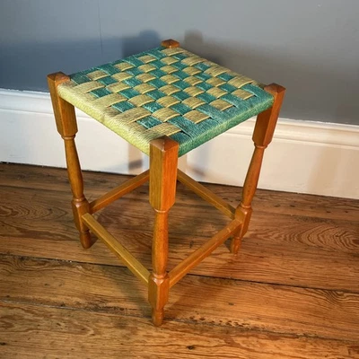 Vintage green and yellow Square Top Wooden Legs pub stool piano seat - Image 1 of 4